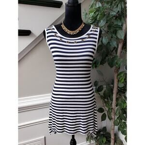 Belldini Top Blouse Womens Small White Blue Striped Embellished Asymmetrical Hem